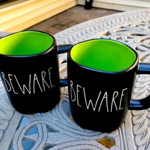Rae Dunn Set of 2 BEWARE Halloween Black Green Mugs NEW